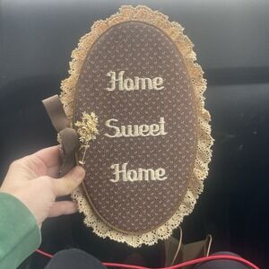 Vintage Home Sweet Home Needlepoint/Cross Stitch Fabric &Lace Hoop Wall Hanging